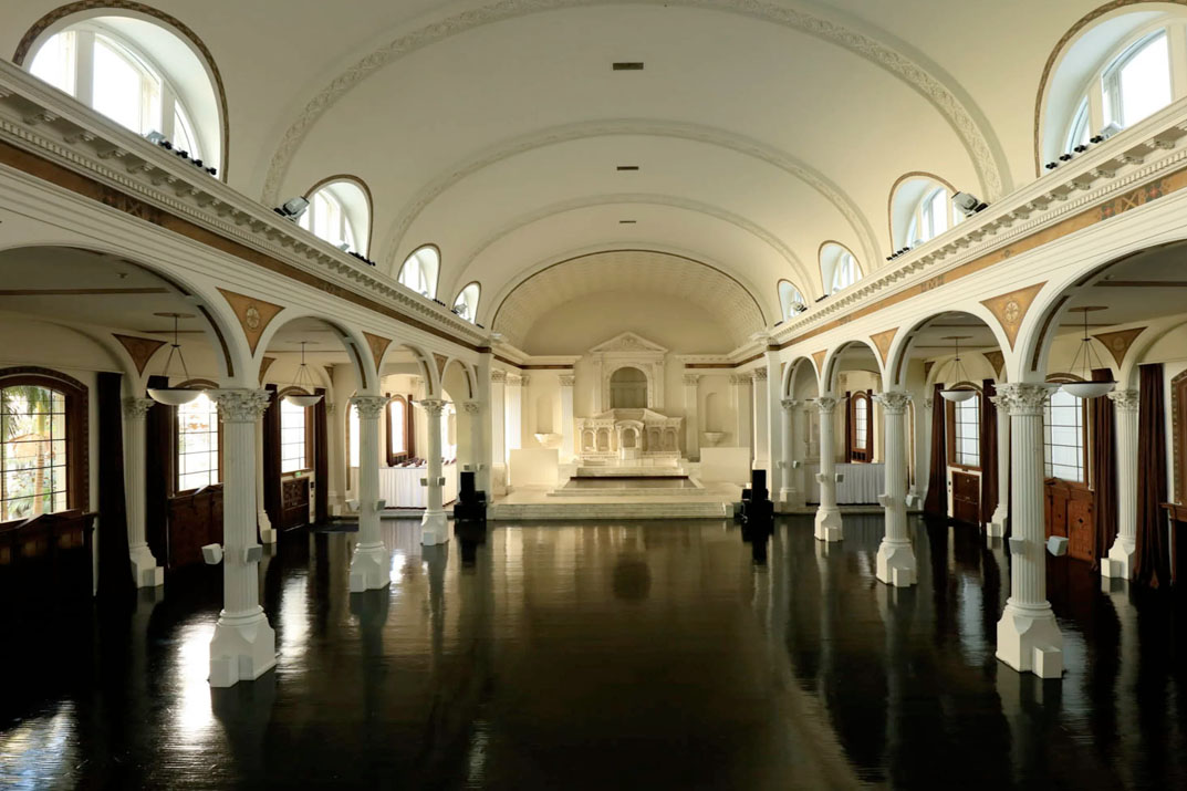 DTLA Vibiana large empty venue with polished wooden floors bathed in natrual light